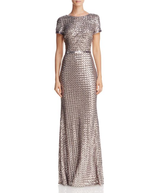 Lyst Aqua Belted Sequin Gown In Metallic