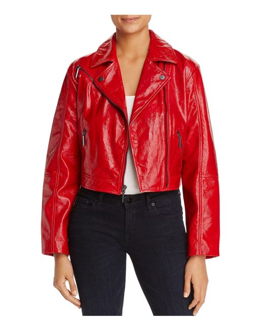 Kenneth cole Cropped Patent Leather Moto Jacket in Red | Lyst