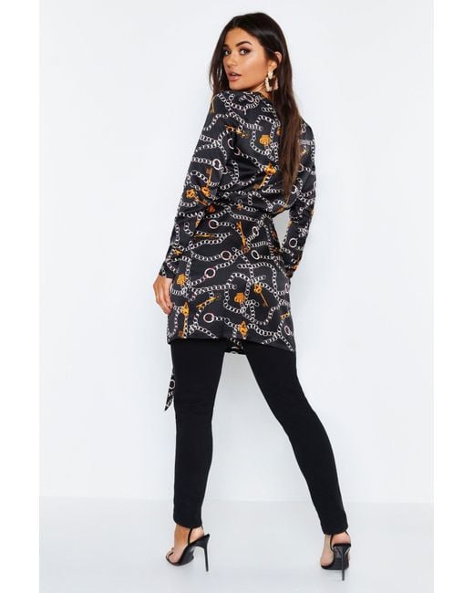 Lyst - Boohoo Chain Print Satin Duster in Black