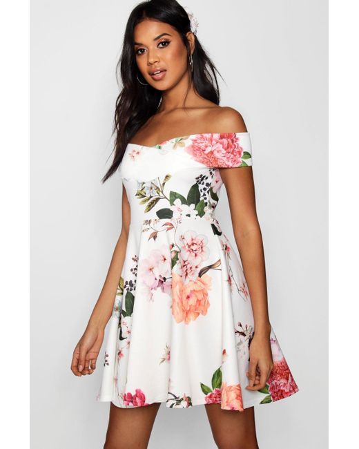 Boohoo Floral Print Off Shoulder Skater Dress - Lyst