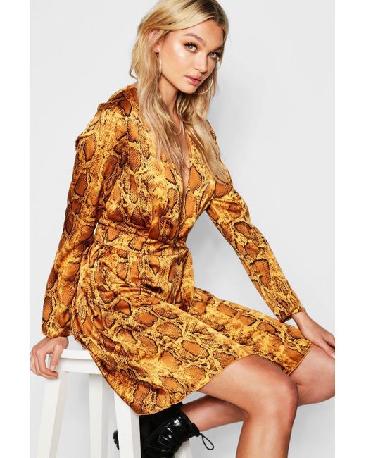 Download Boohoo Tall Knot Front Snake Print Satin Skater Dress in ...