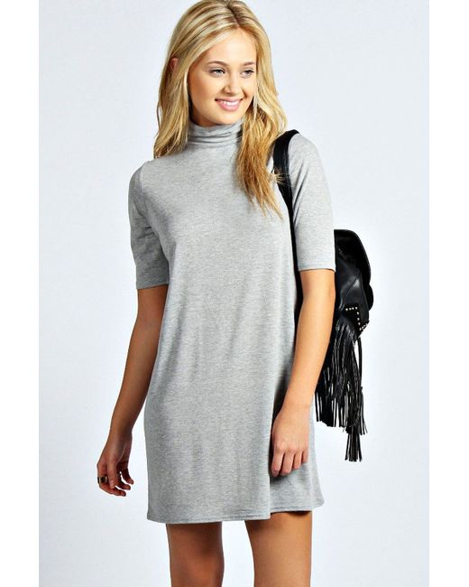 Boohoo Debi Turtle Neck T Shirt Dress in Gray | Lyst