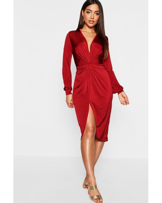 Boohoo Disco Slinky Twist Front Wrap Dress In Red Lyst Boohoo Red Disco Slinky Twist Front Wrap Dress Lyst