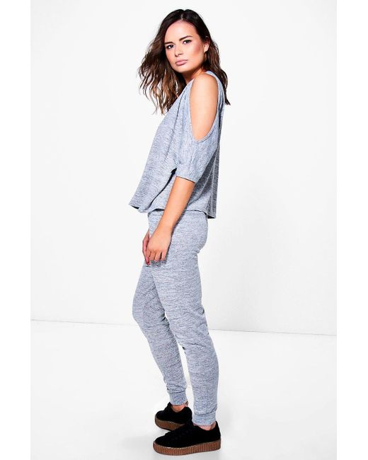 boohoo zena cold shoulder top jogger knit loungewear set in gray lyst boohoo zena cold shoulder top jogger knit loungewear set in gray lyst