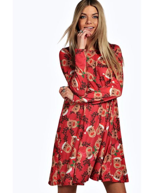 boohoo alexis reindeer printed swing christmas dress in boohoo alexis reindeer printed swing christmas dress in