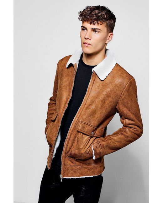 Lyst Boohoo Faux Suede Jacket With Borg Collar In Brown For Men Boohoo Brown Faux Suede Jacket With Borg Collar For Men Lyst