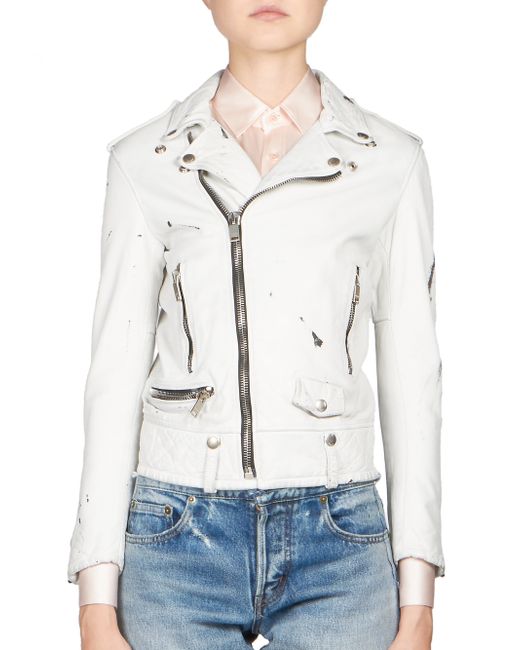 Saint Laurent Cropped Biker Jacket Women Cottonlamb Skincupro 38 In White Save 61