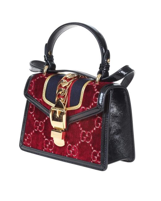 Lyst - Gucci Sylvie Mini Bag In Gg Bordeaux Velvet With Black Patent Leather Trim in Red