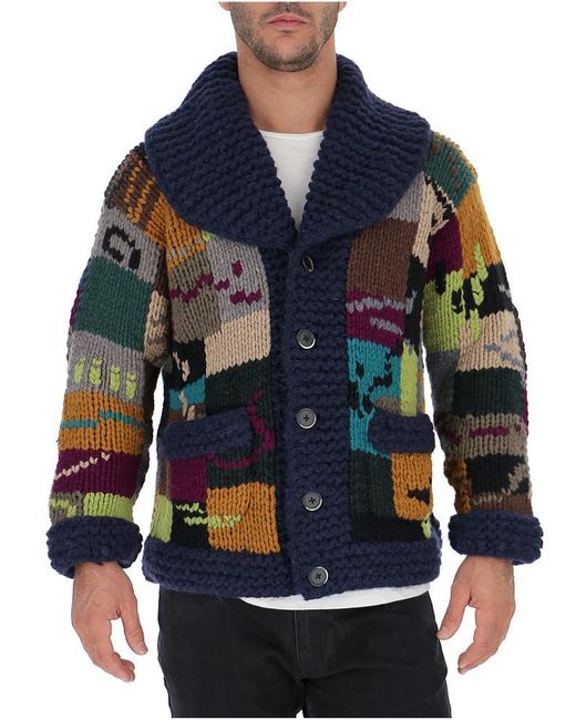 Barena Patchwork Chunky Knit Cardigan in Blue for Men Lyst