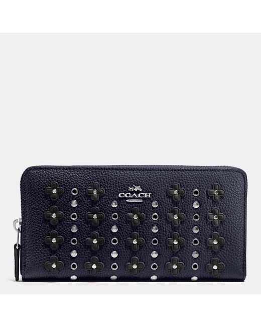 Coach Accordion Zip Wallet In Floral Rivets Leather in Black (SILVER/NAVY/BLACK) | Lyst