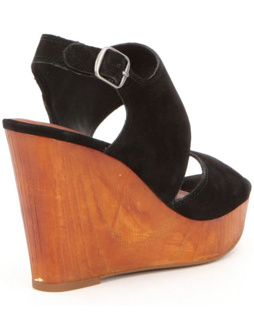Lucky brand Lattela Leather Banded Slingback Faux Wood Platform Wedge Sandals in Black | Lyst