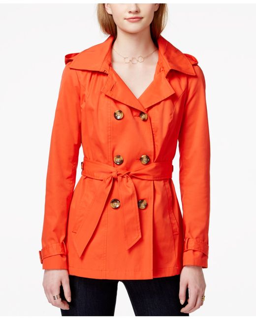 Madden girl Doublebreasted Hooded Trench Coat in Orange (Coral) Lyst