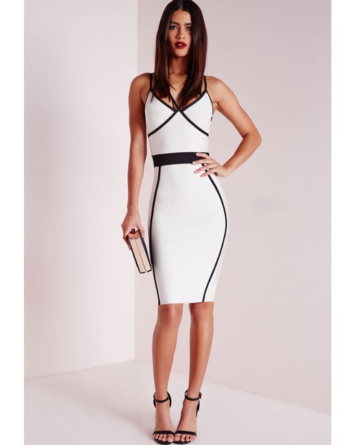 Missguided Premium Contrast Piping Bandage Bodycon Dress Mono In White