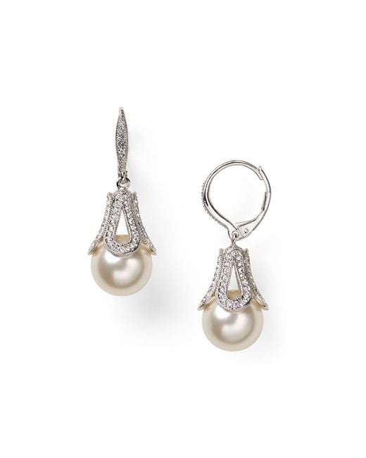 Nadri Pave Detail Pearl Drop Earrings in White | Lyst