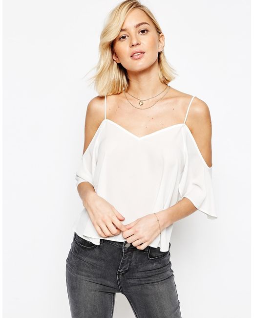 asos v neck cropped cold shoulder cami top in white ivory lyst asos v neck cropped cold shoulder cami top in white ivory lyst