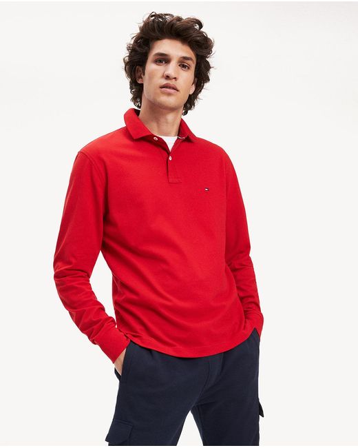 Tommy Hilfiger Cotton Mens Regular Fit Red Long Sleeve Piqué Polo Shirt