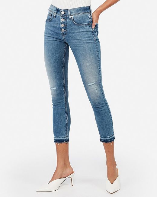 Express Mid Rise Denim Perfect Raw Hem Cropped Leggings Blue - Lyst