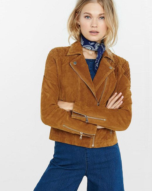 express genuine suede moto jacket in brown lyst express genuine suede moto jacket in brown lyst