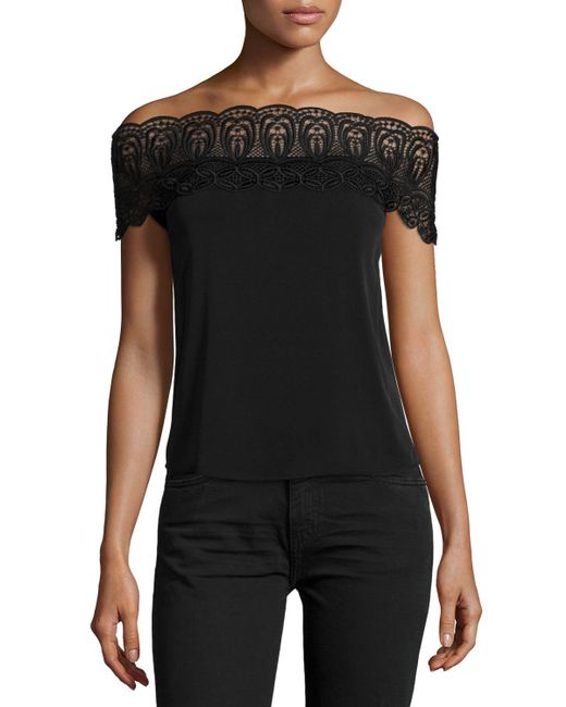 Selfportrait Bardot Lacetrim Offtheshoulder Top in Black Lyst