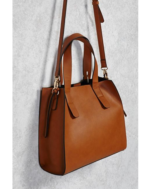 Forever 21 Faux Leather Tote Bag in Brown | Lyst