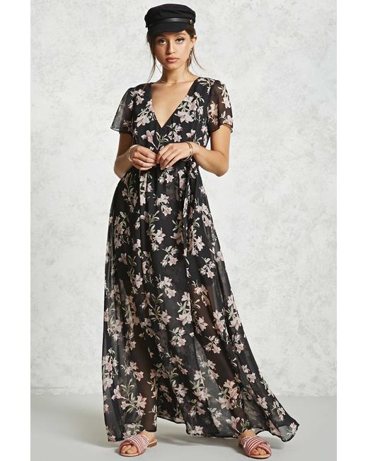Forever 21 Floral Wrap Maxi Dress in Black | Lyst
