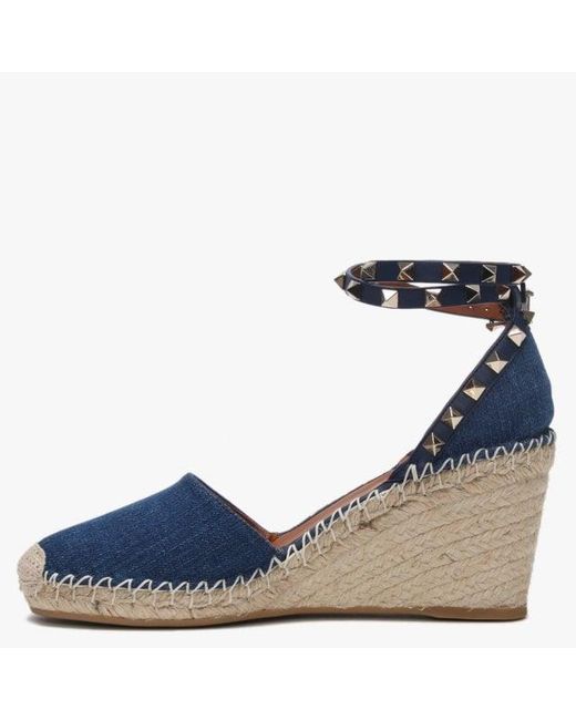 Valentino Rockstud Double Strap Denim Wedge Espadrilles in Blue - Lyst
