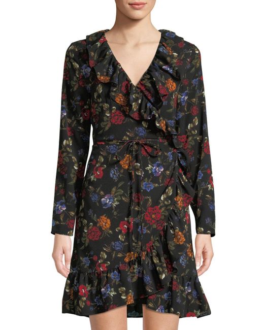 Lyst - Kensie Winter Floral Ruffle Wrap Dress in Black - Save 33. ...