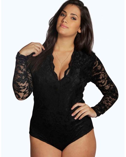 Boohoo Plus Lace Long Sleeve Bodysuit in Black