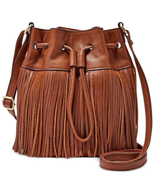 fossil jules fringe leather drawstring mini bag in brown lyst fossil jules fringe leather drawstring mini bag in brown lyst