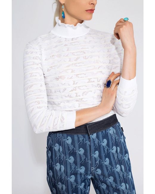 ChloÃ© Cotton Lace Insert Turtleneck Top in White - Lyst