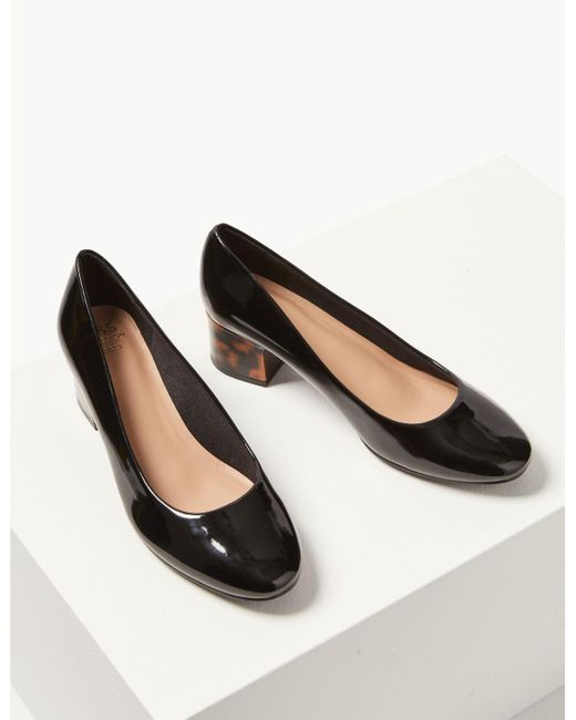Marks & Spencer Block Heel Court Shoes Black Patent - Lyst