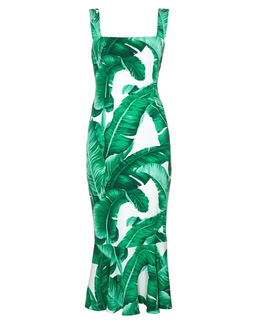 Dolce & gabbana Banana Leaf-print Fluted-hem Dress in Green | Lyst