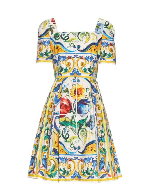 Dolce & gabbana Majolica-print Cotton Mini Dress in White | Lyst