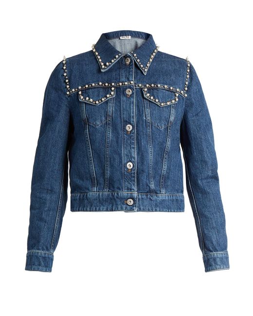 Miu miu Pearl-embellished Cropped Denim Jacket in Blue | Lyst