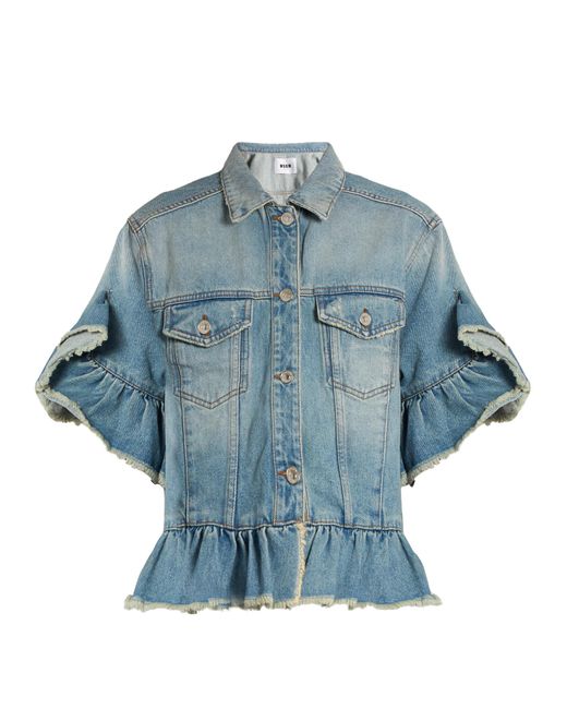 Msgm Ruffletrimmed Denim Jacket in Blue Lyst