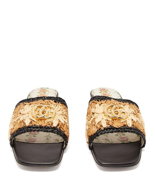 Gucci Jolie Gg Plaque Raffia Slides Lyst