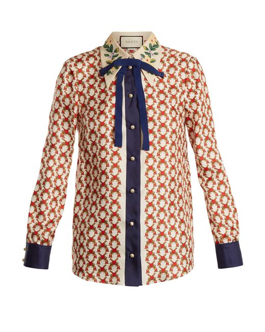 Gucci Guns Print Bow Embellished Silk Twill Blouse Lyst