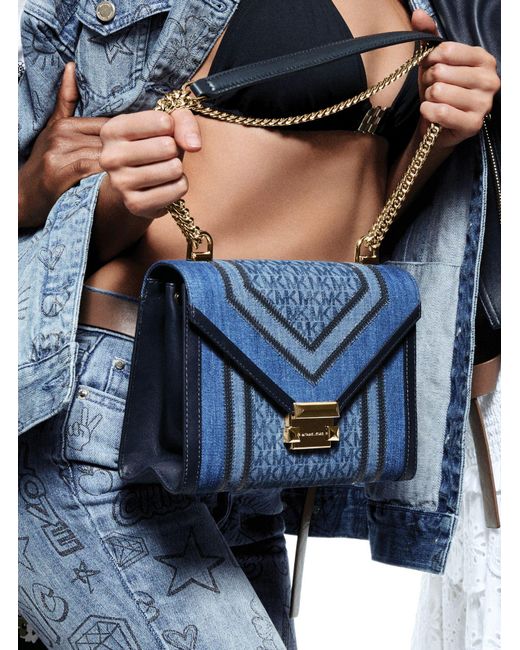 Lyst - Michael Kors Whitney Large Denim Logo Convertible Shoulder Bag ...