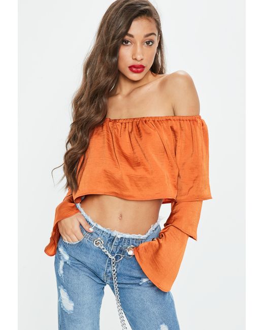 Missguided Orange Satin Tiered Sleeve Bardot Crop Top in Orange | Lyst