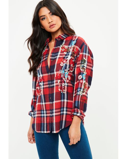 Missguided Red Oversized Checked Embroidered Shirt in Red | Lyst