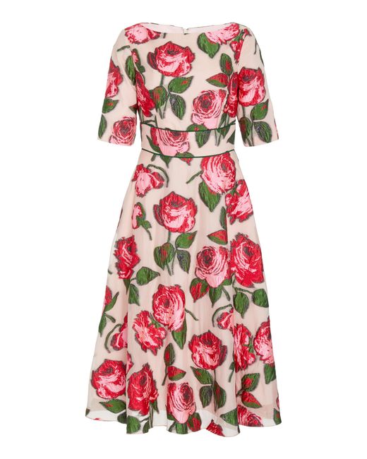 Lyst - Lela Rose Embroidered Floral Fil Coupé Midi Dress in Pink