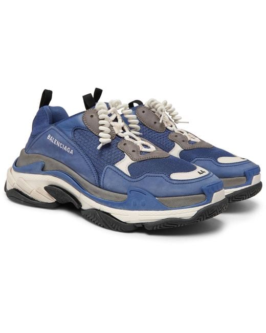 balenciaga white and blue triple s leather sneakers