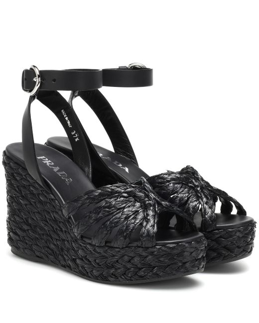 Prada Leather Espadrille Wedge Sandals in Nero (Black) - Lyst
