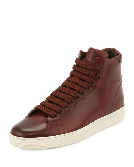 Mens Brown Leather High Top Sneakers