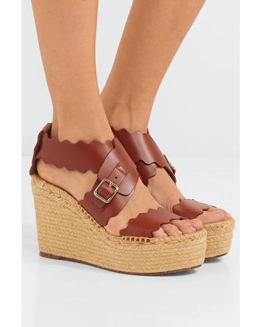 Chloé Lauren Scalloped Leather Wedge Espadrilles in Brown - Lyst