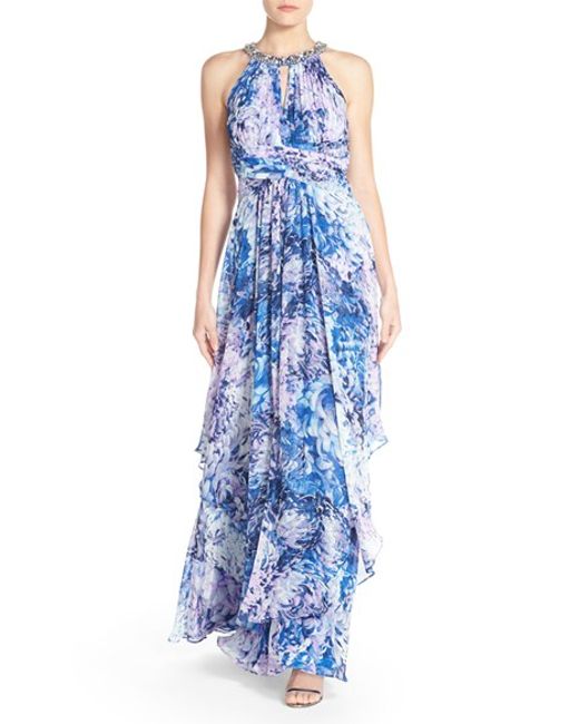 Eliza j Embellished Floral Print Chiffon Gown in Blue