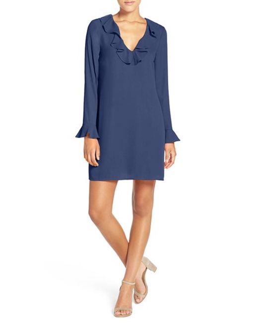 Charles henry Ruffle Neck Shift Dress in Blue | Lyst