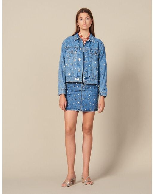 Sandro Denim Jacket Trimmed With Studs in Blue - Lyst