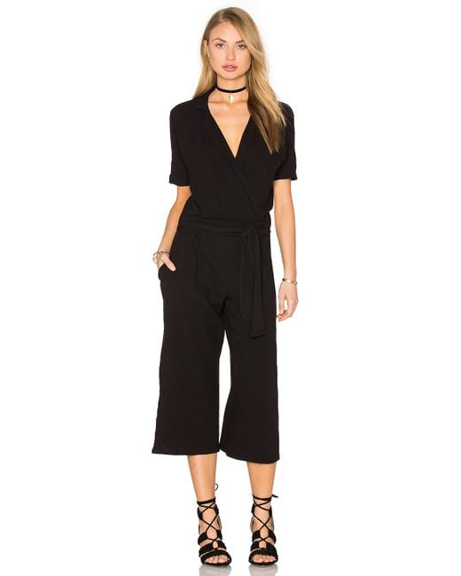 V Neck Black Belted Gauze Panel Jumpsuit