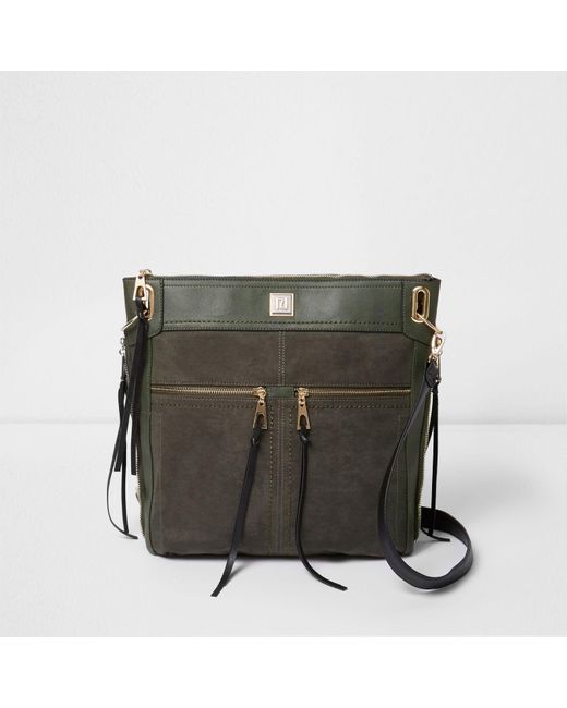 River island Dark Green Zip Front Messenger Cross Body Bag in Green Lyst